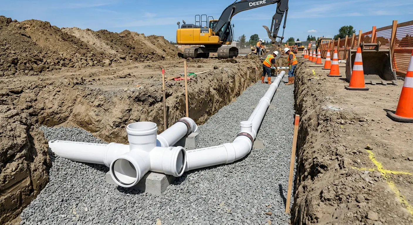 New PVC sewer pipe installation in open trench for Sewer Backup in Los Alamitos