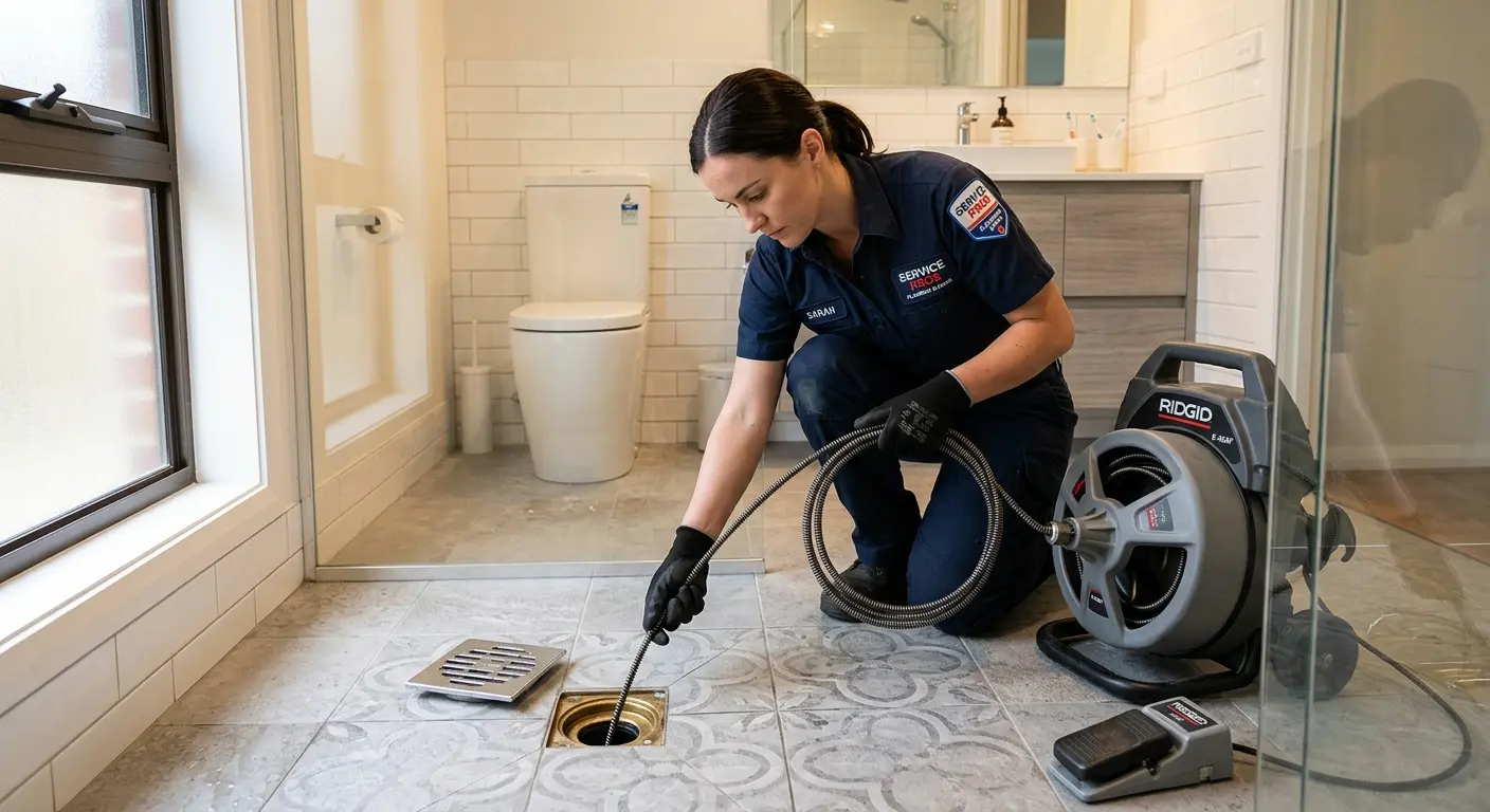 Technician clearing a bathroom floor drain for Drain Repair in Los Alamitos